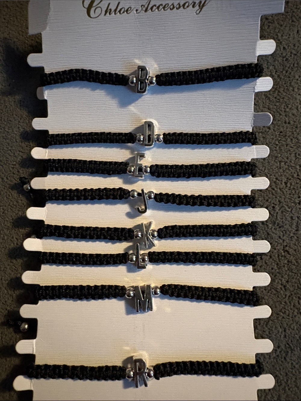 FASHION Black Initial Charm Bracelets - B, D, E, J, K, M, R. *EACH LETTER AT $8